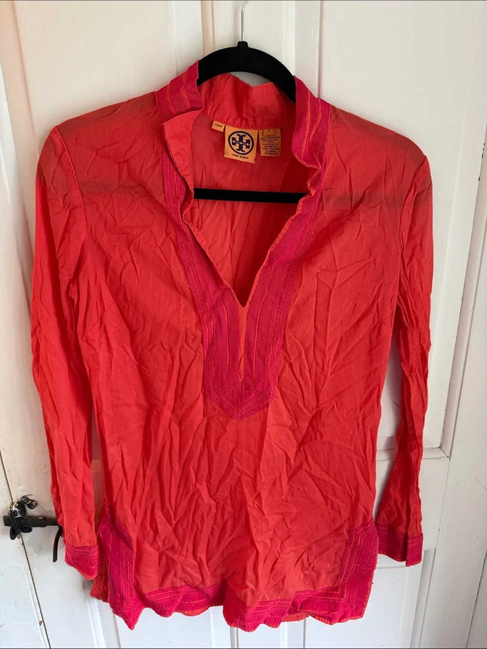 Tory Burch Coral Tunic with Pink Embroidered Trim